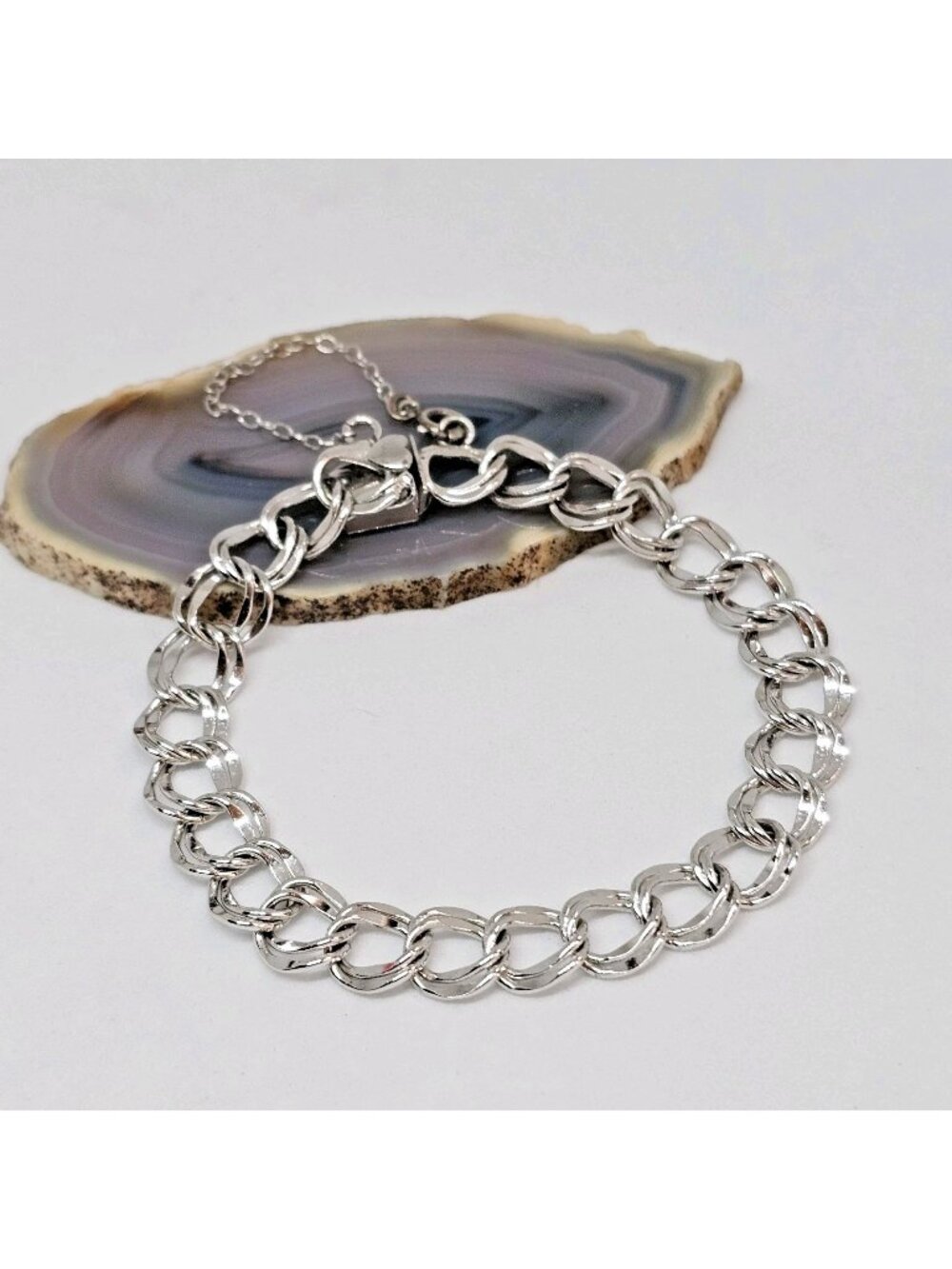 ELKO 925 Sterling Silver Double Link Starter Charm Bracelet Vintage Jewelry